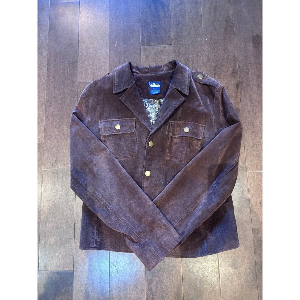 B.U.M. Equipment Brown Suede Leather Jacket Button Front Utility Coat Women L